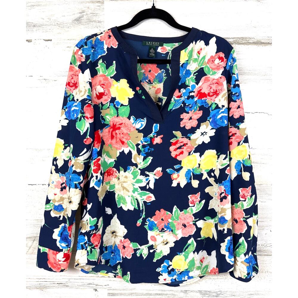 Lauren Ralph Lauren Womens M Blue Floral Split Neck Multi Tunic Blouse Top NEW